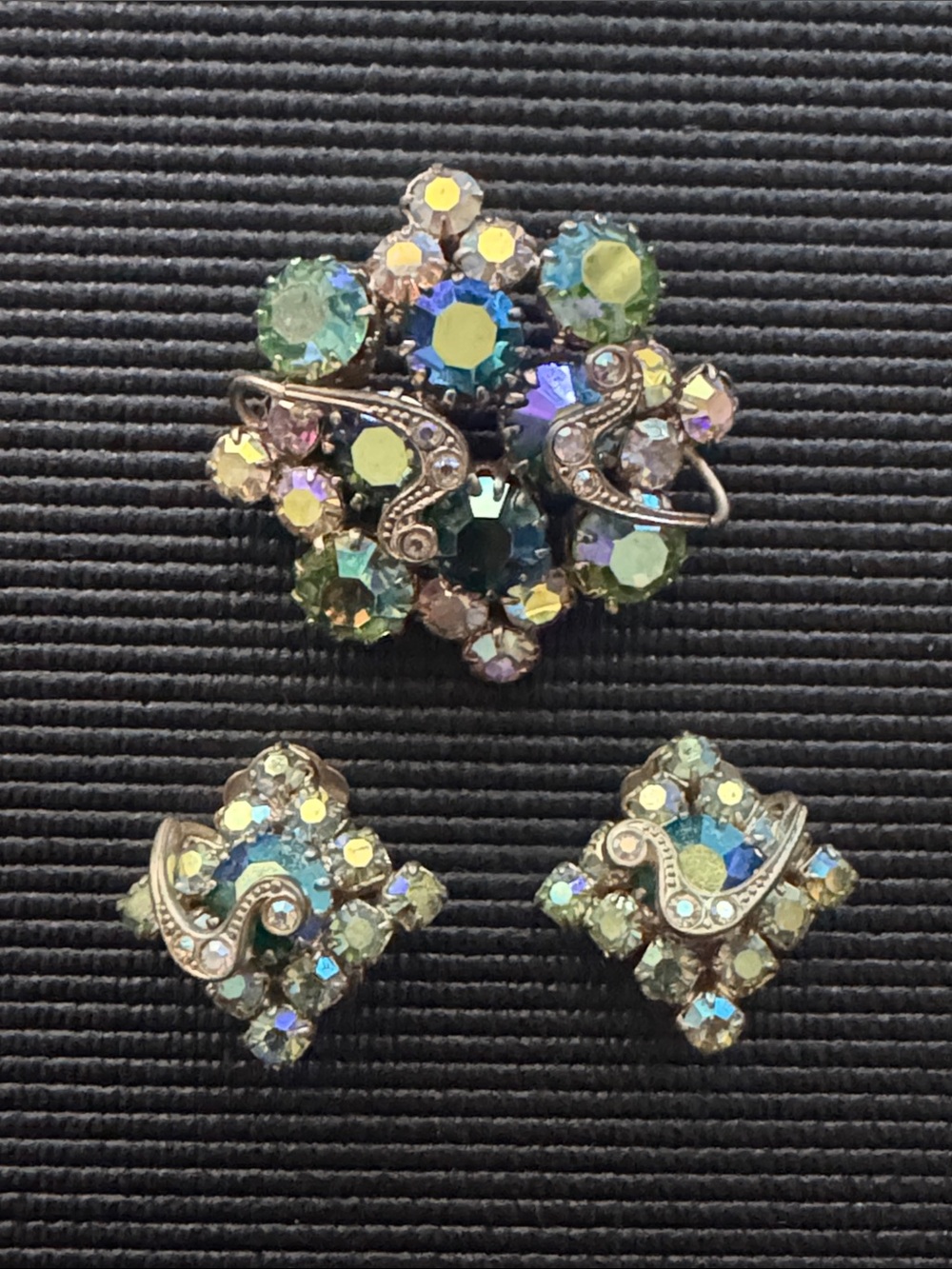 Vintage Aurora Rhinestone Cluster Brooch & Clip on Earring Set